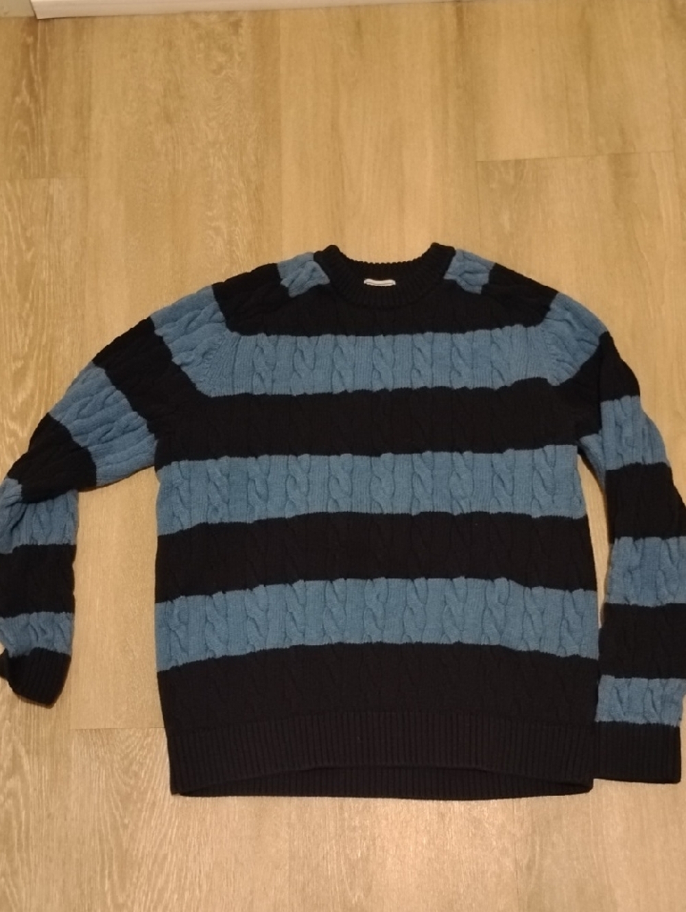 L.L. Bean Men's Blue and Black Striped Cable-Knit Crewneck Sweater